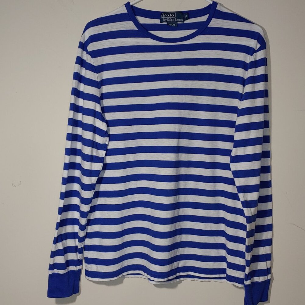 Polo Ralph Lauren Stripe Blue White Long Sleeves Crew Neck Tee Shirt Size M
